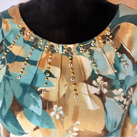 Vintage Alfred Dunner 100% cotton floral & leopard print blouse beaded accent M - Picture 2 of 6